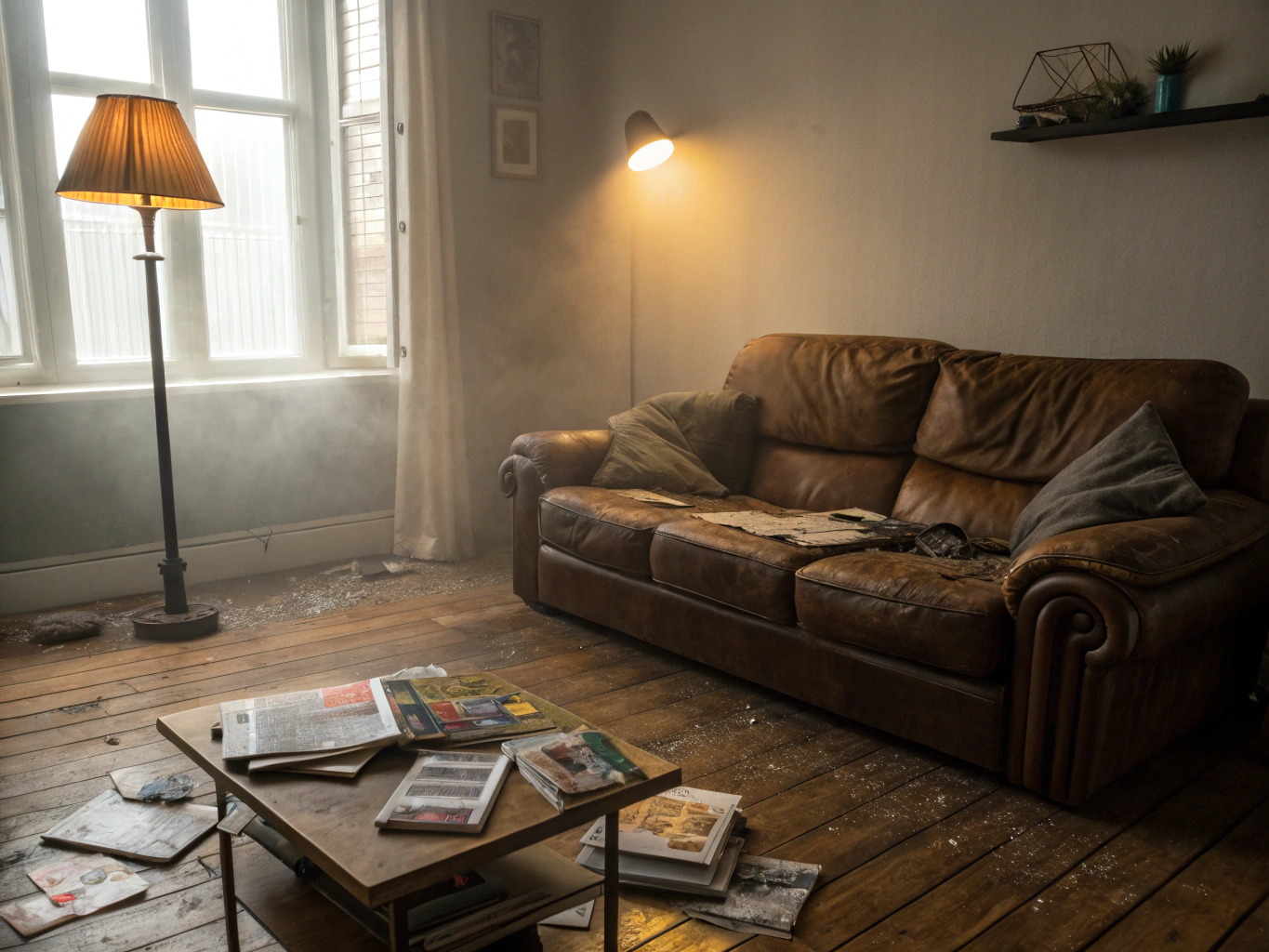 A dusty and cluttered living room space in need of professional cleaning