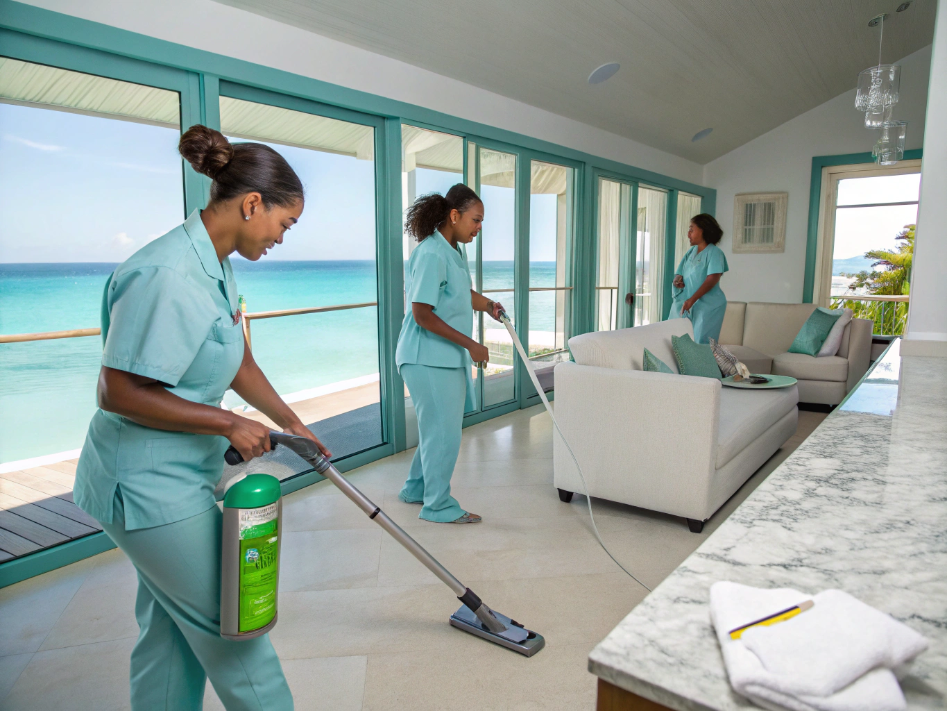 Professional cleaning team performing deep sanitation in a luxury Dubai villa