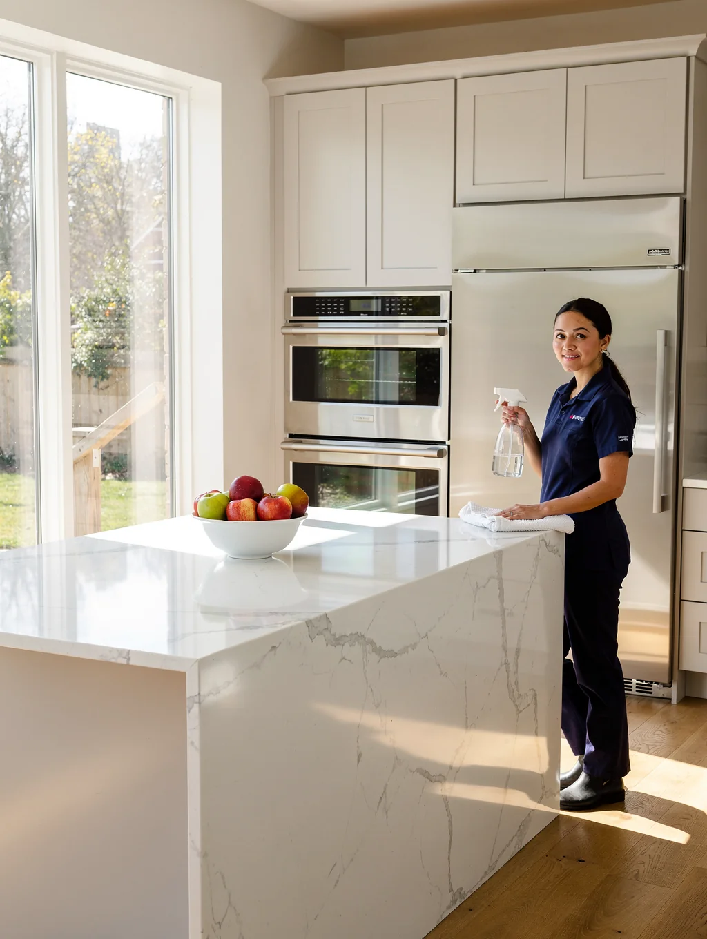 Professional cleaner sanitizing a luxury kitchen surface in Dubai