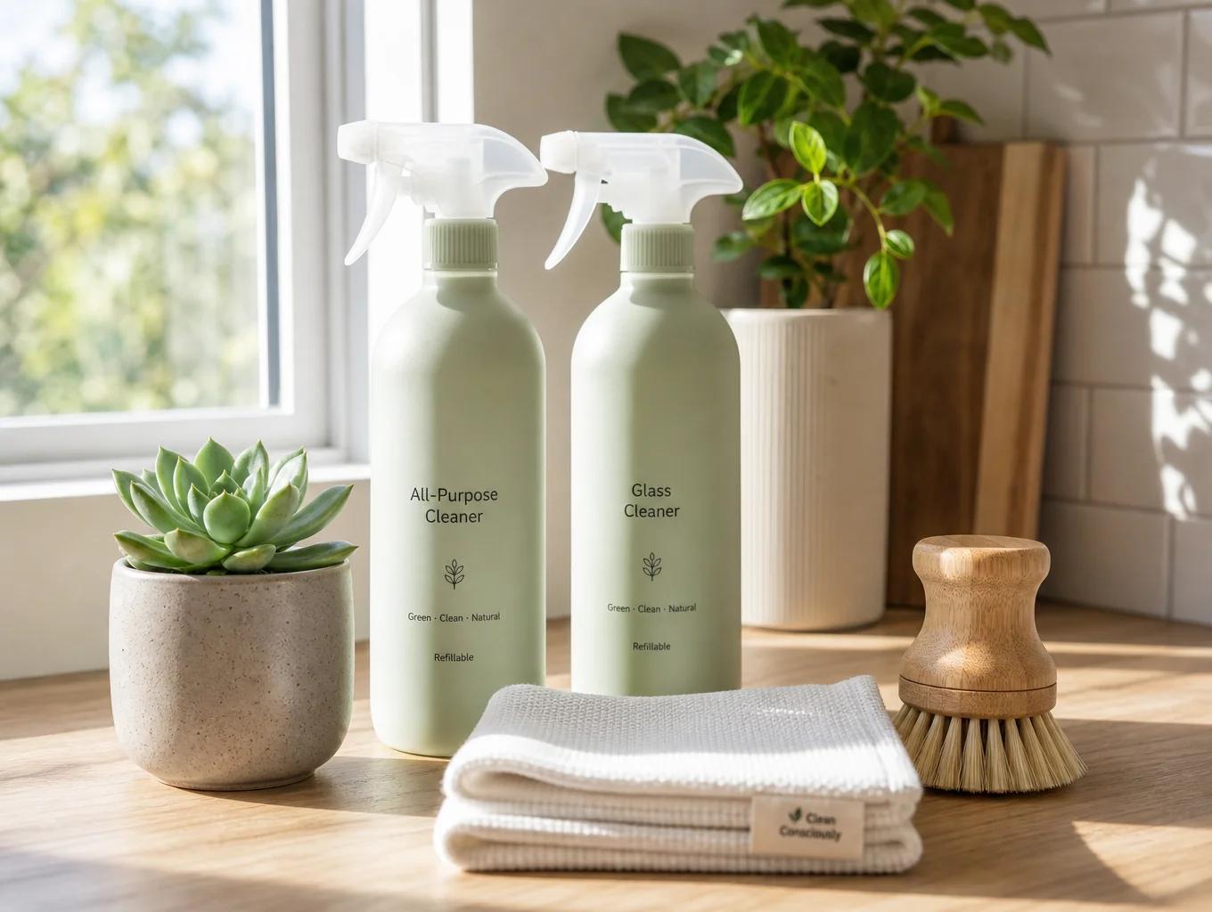 Eco-friendly cleaning supplies arranged neatly on a marble surface