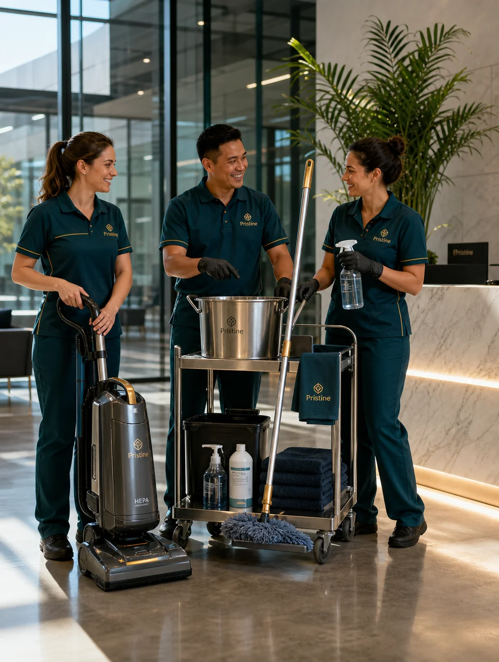 Professional cleaning staff in uniform smiling