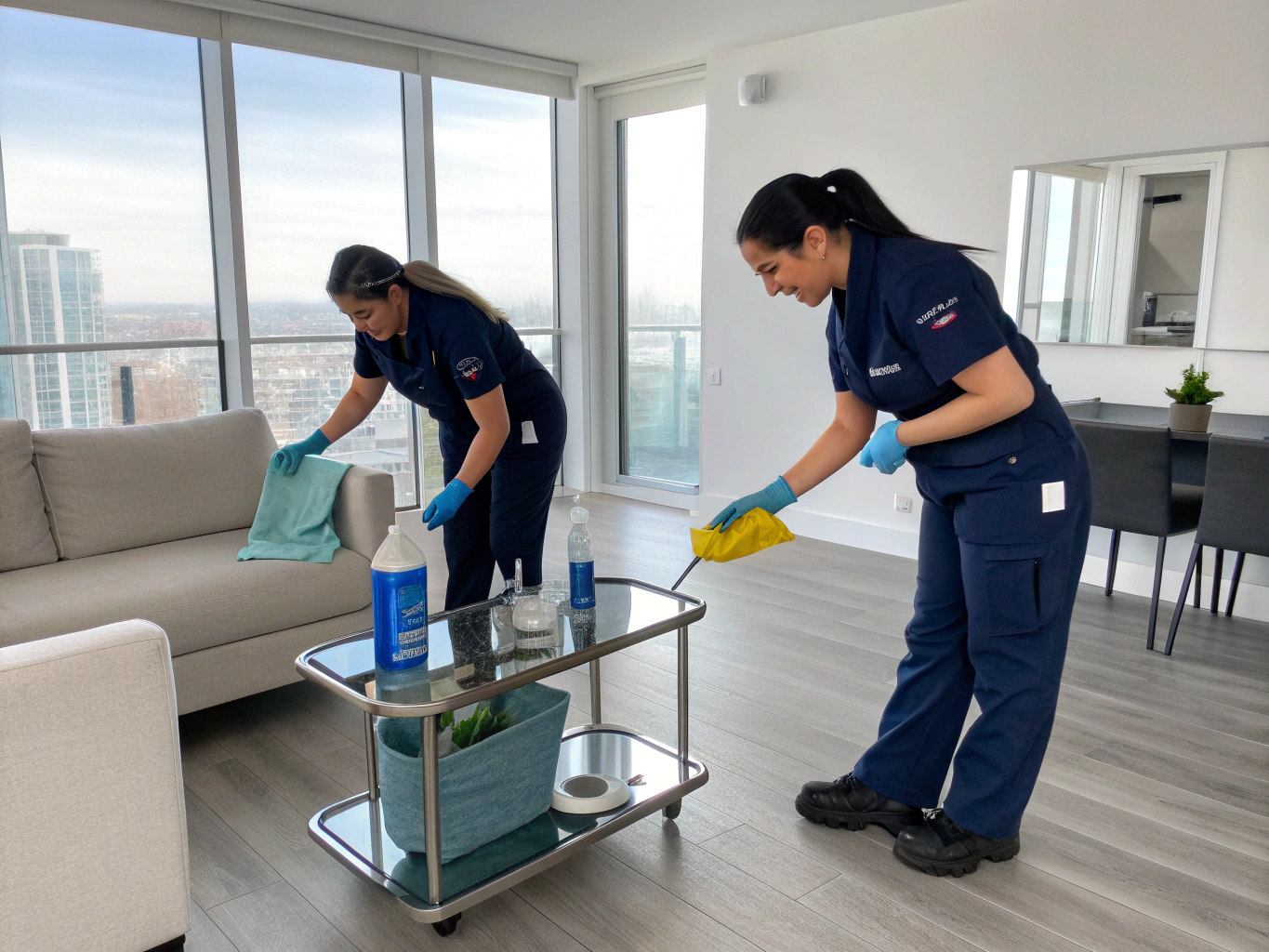 Professional cleaning team in uniform working in a modern Dubai villa