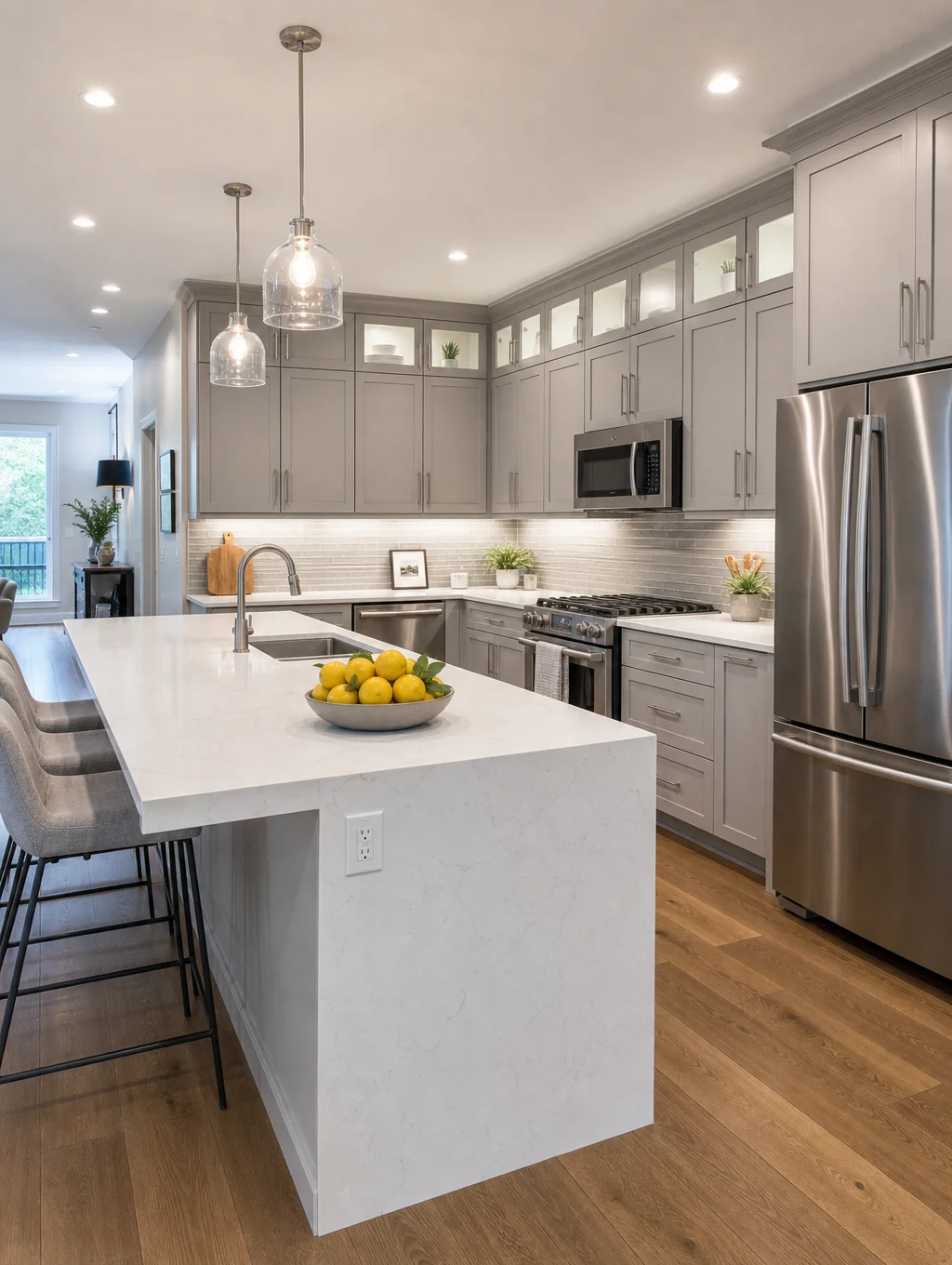 A pristine kitchen countertop reflecting light