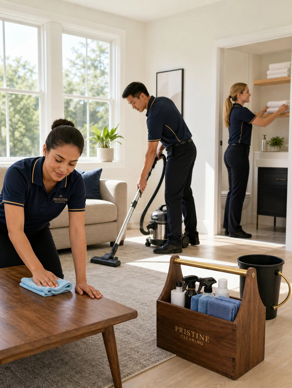 Professional cleaning staff in uniform cleaning a luxury villa