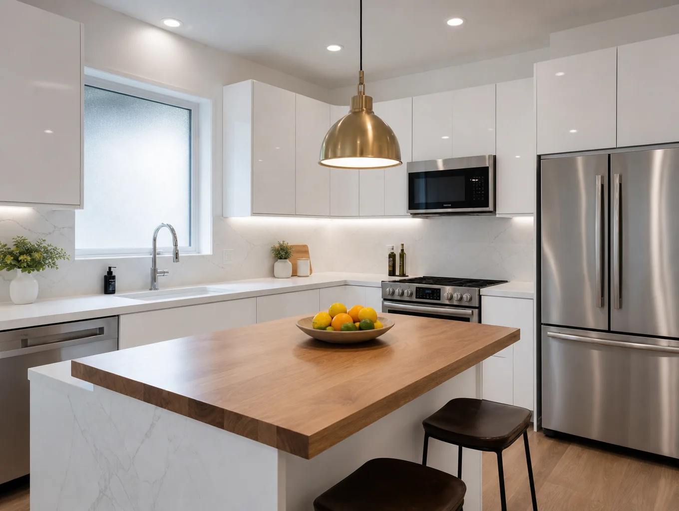 A sparkling clean kitchen counter reflecting a bright, modern home interior