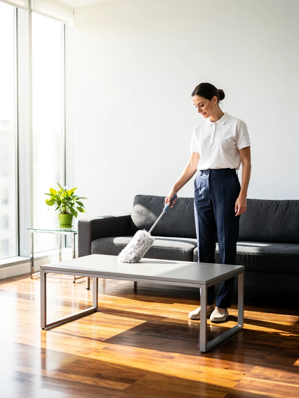 Professional cleaner polishing a luxury villa surface